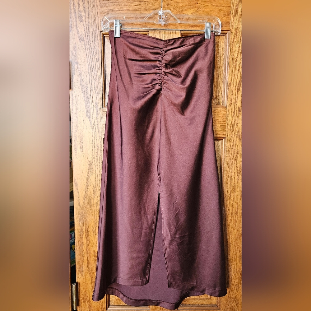 Abercrombie & Fitch Brown Satin Maxi With Front Slit & Rouching - Size Small